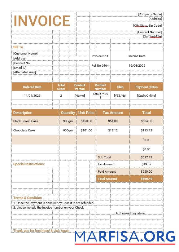 Realistic Cake Order Invoice Template